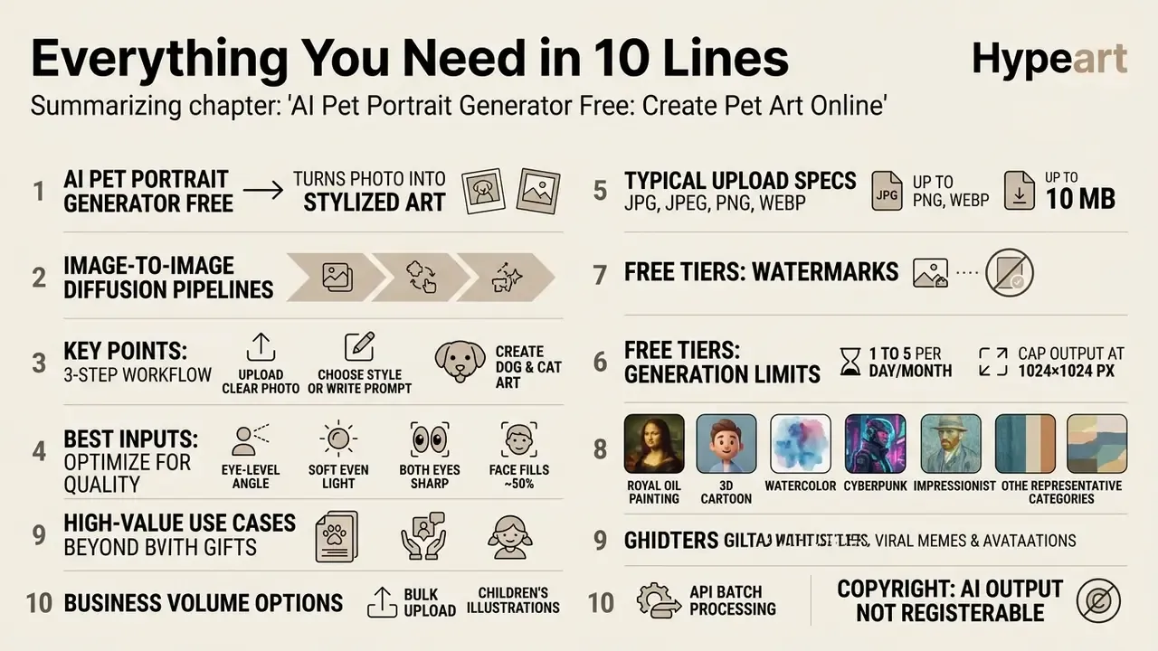 Ten point infographic detailing technical specifications and best practices for using AI pet portrait tools