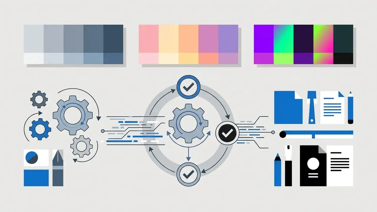 Color palettes arranged above a central gear system with checkmarks and surrounding design tools