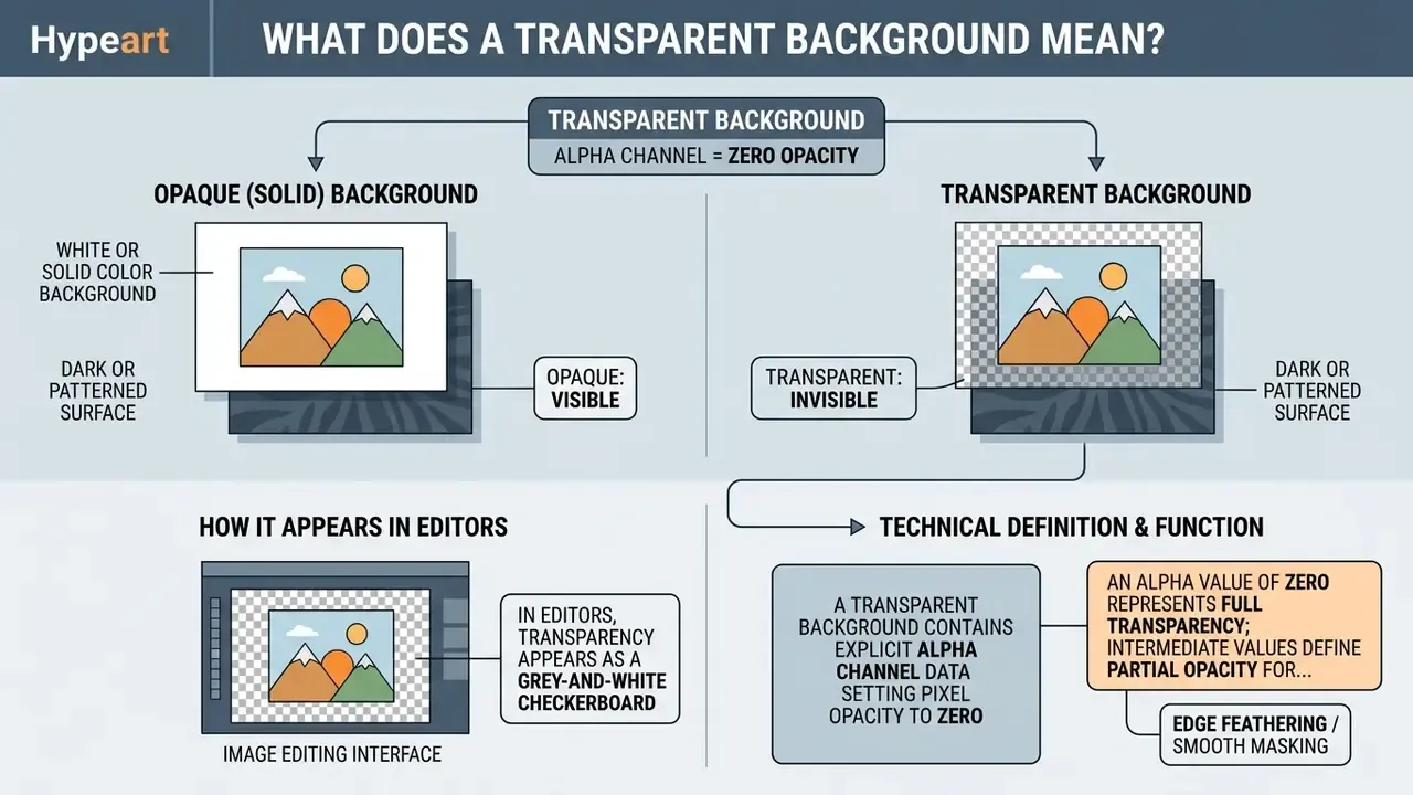 Infographic comparing opaque and transparent backgrounds with technical definitions and editor examples