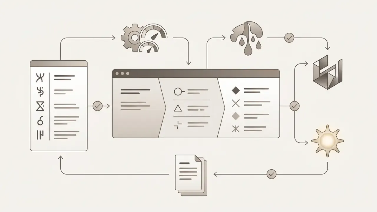 Cycle of icons representing data processing, vocabulary conditioning, and output generation