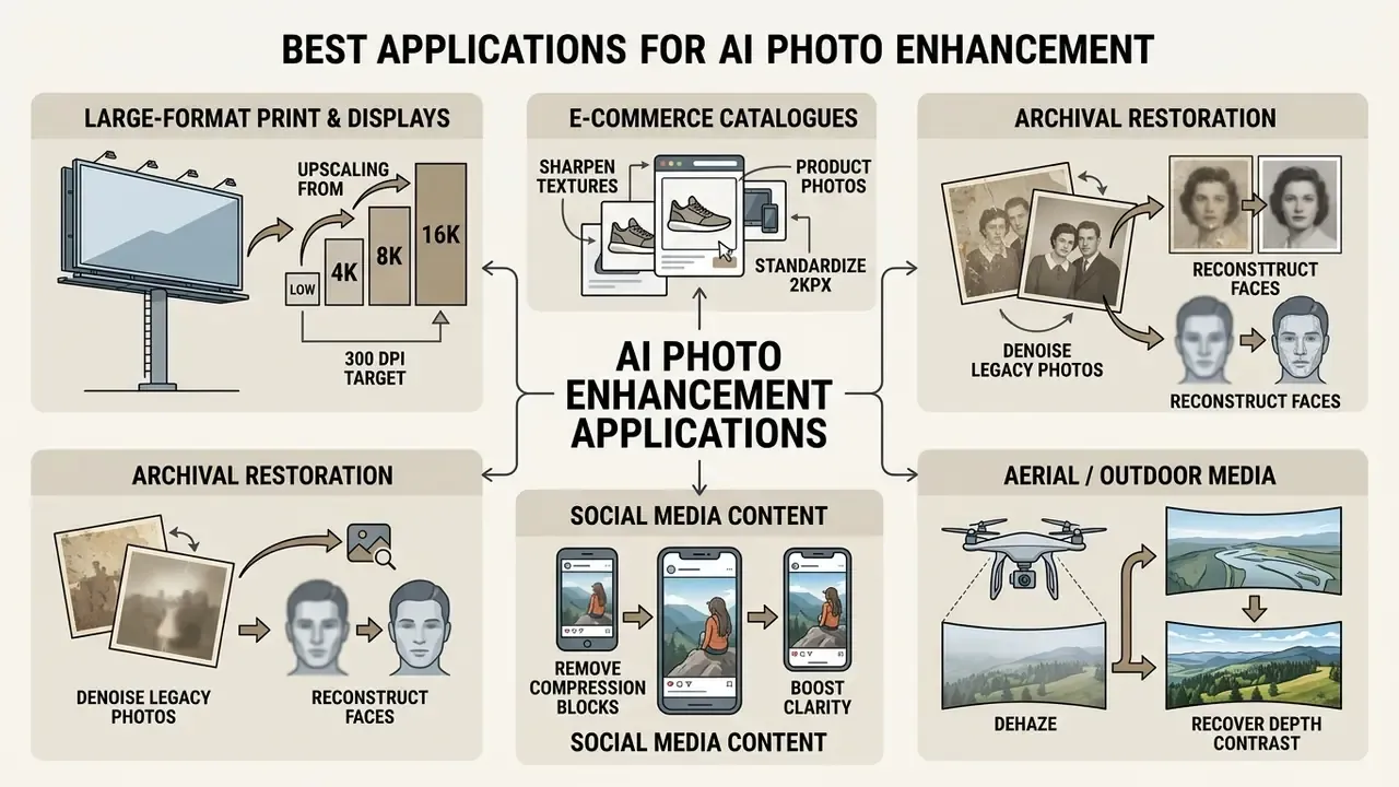 Diagram detailing professional use cases for image enhancement across print, e-commerce, and media