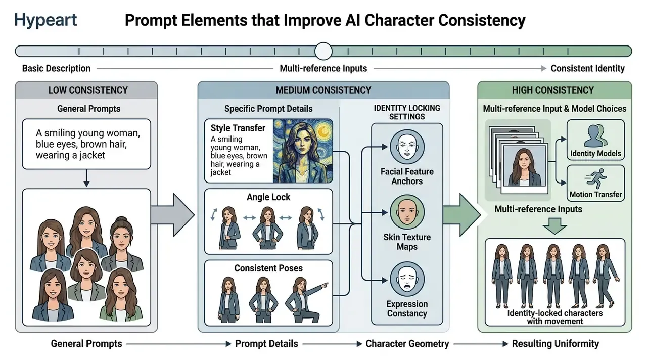 Slider graphic showing how specific prompt details and identity settings increase character consistency