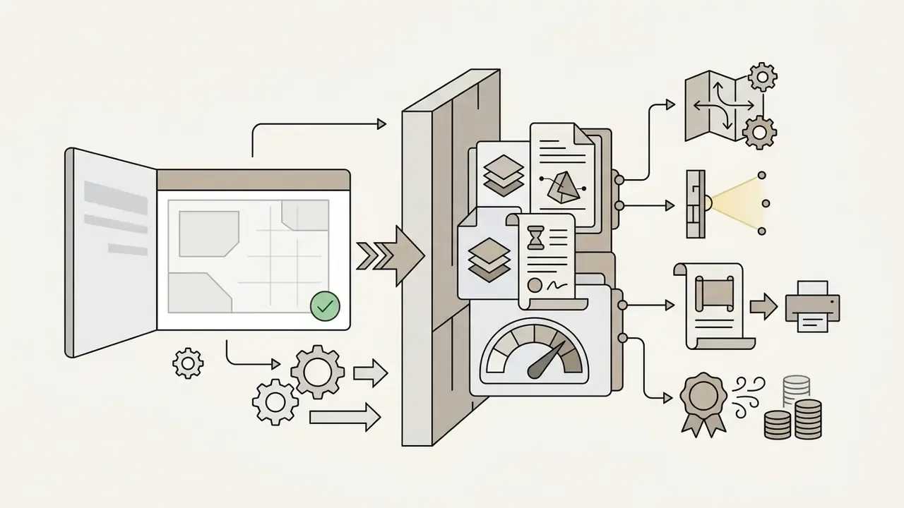 Digital map file passing through a gate to reach premium export, lighting, print, and commercial features