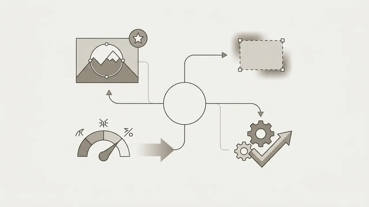 Central circle connecting icons of a masked landscape, a selection box, a gauge, and interlocking gears