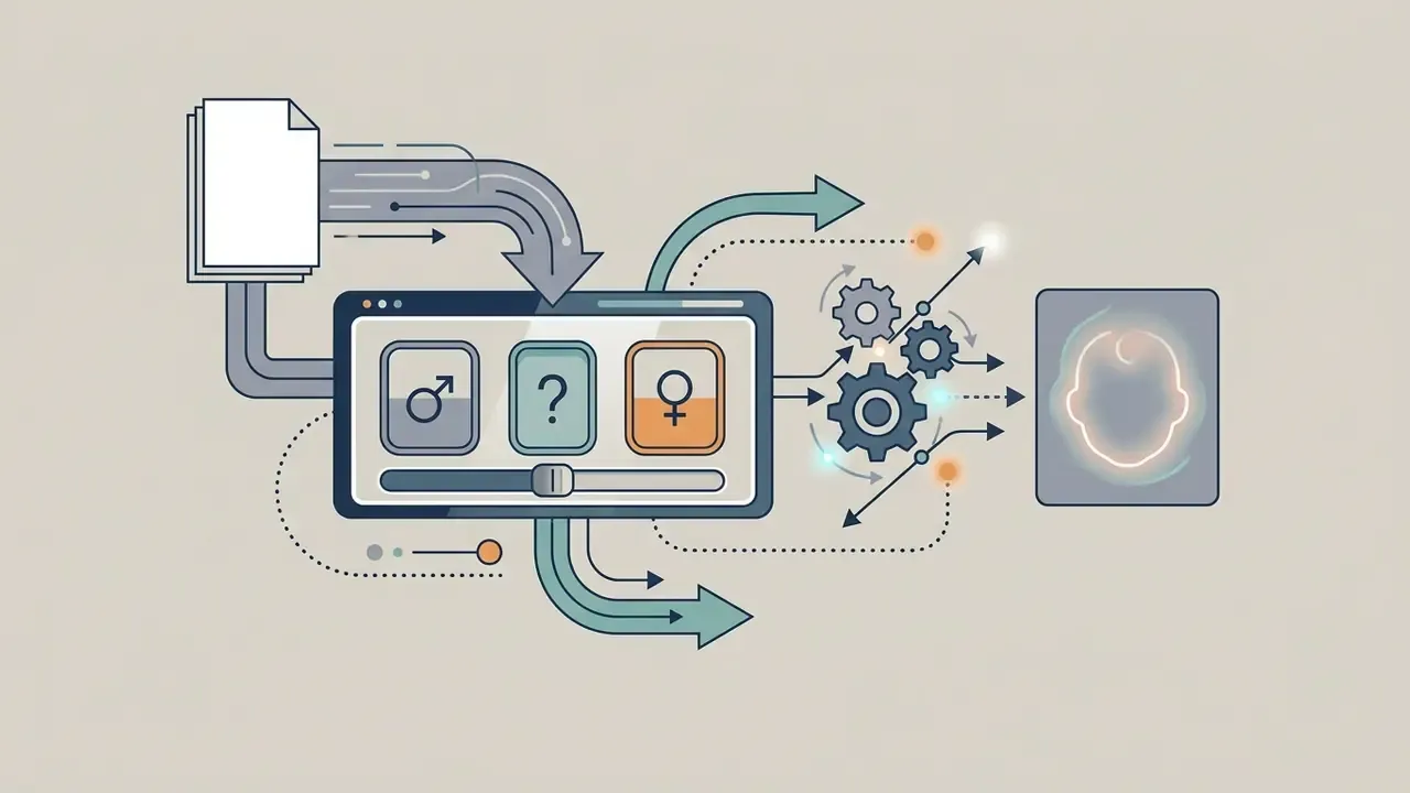 Interface with gender selection icons and a slider feeding data into gears to generate a facial outline