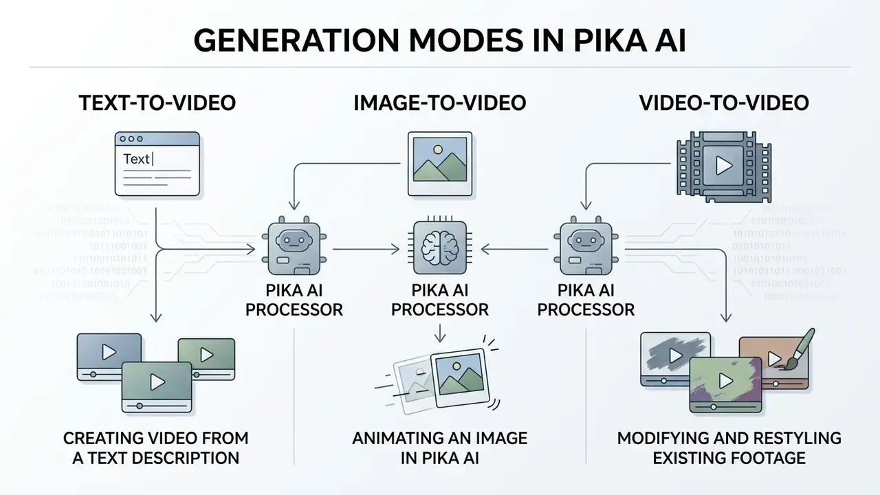 Diagram showing Pika AI workflows for text, image, and video inputs to generate new video content