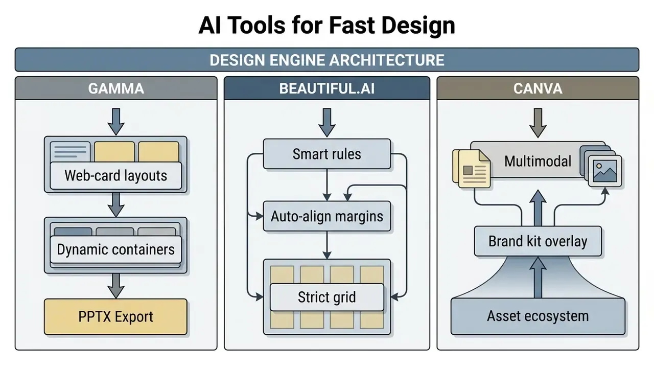 Three separate workflows showing the design engine architecture for Gamma, Beautiful.ai, and Canva