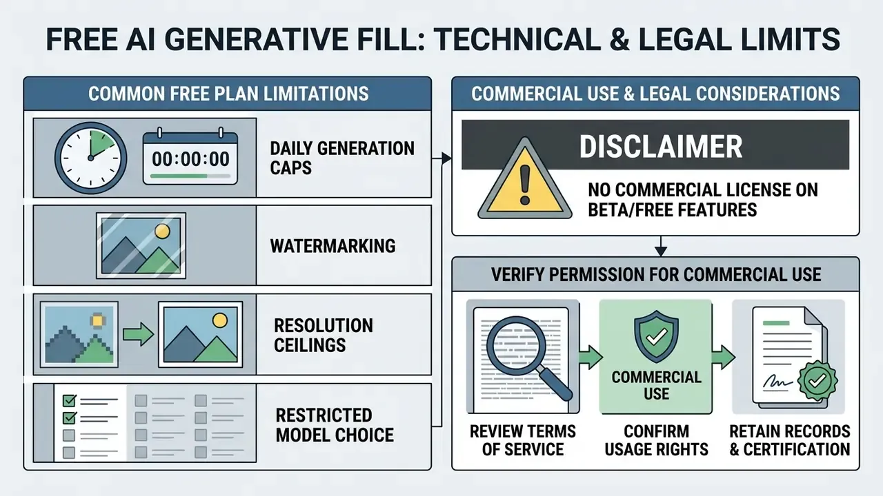 Chart outlining technical limitations and legal considerations for using free generative AI tools