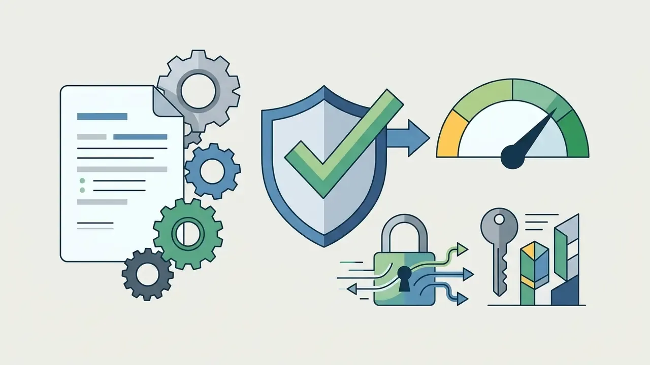 Legal document with gears, a shield with a checkmark, a performance gauge, a padlock, and a key icon