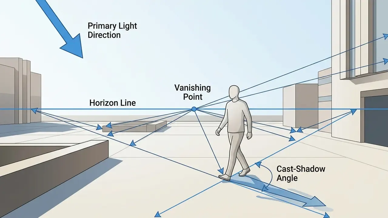 Vector lines showing light direction, horizon, and shadow angles for composite alignment
