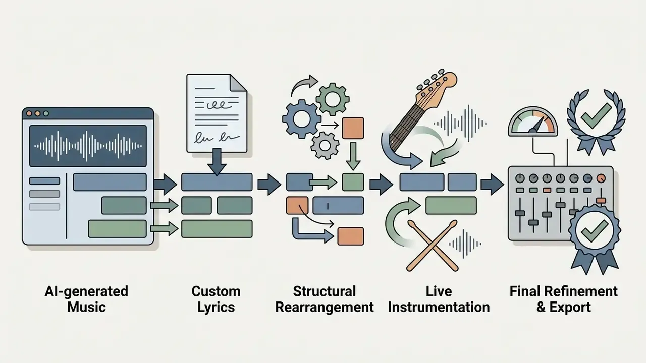 Steps for adding human creative edits to AI music to establish authorship and secure final export