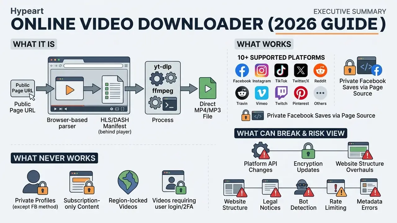 Infographic showing how a browser-based parser extracts video files from public social media platforms