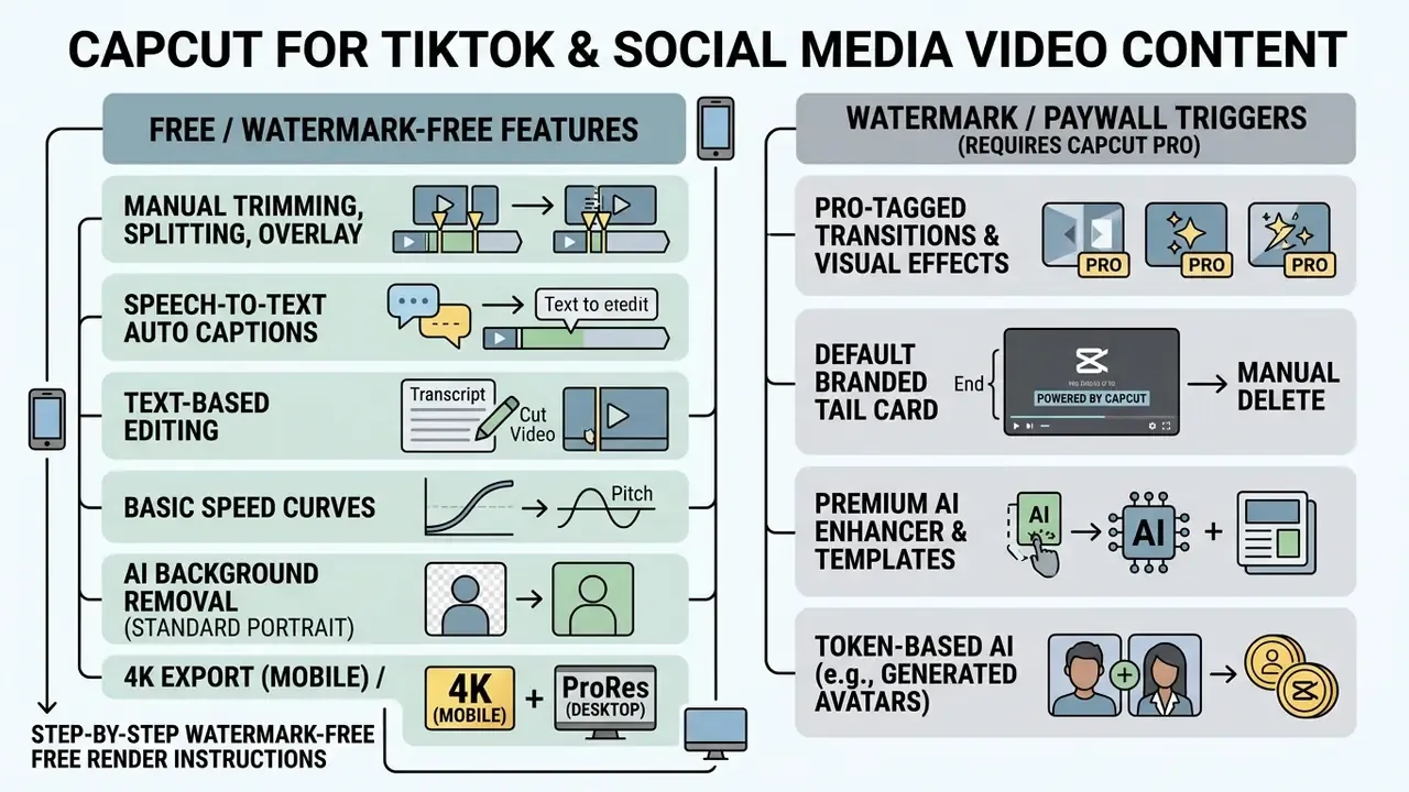 Comparison of free features and paid watermark triggers in CapCut for social media video editing