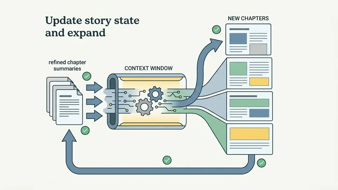 Refined summaries feeding into a context window to generate new chapters in a continuous loop