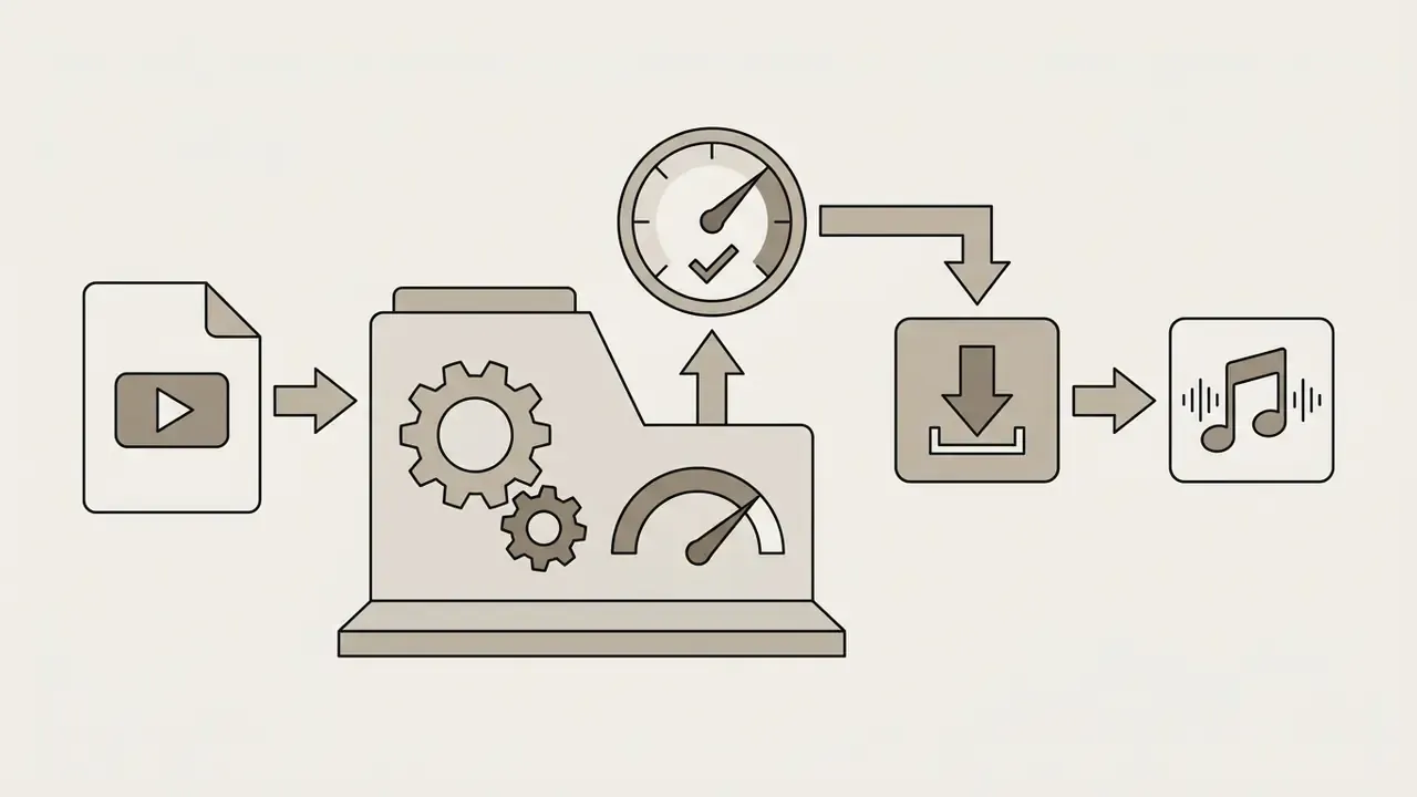 Diagram of a video file entering a machine for automated conversion and download as an audio file