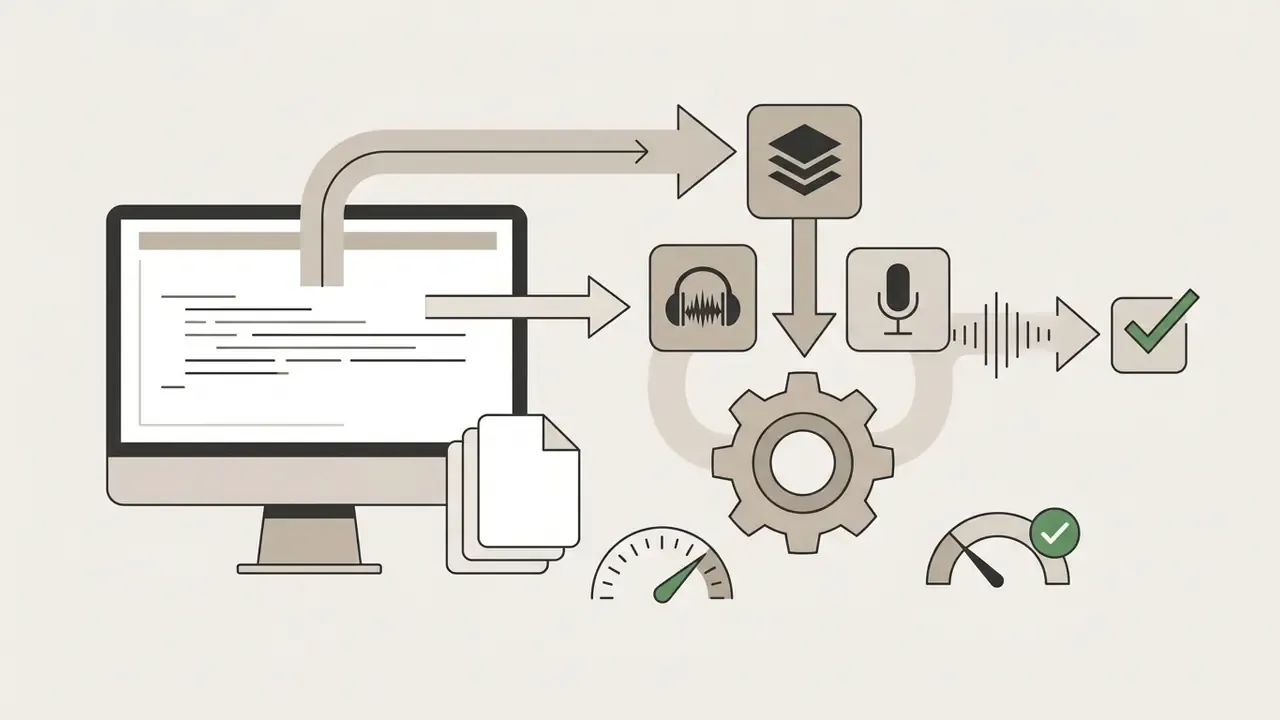 Computer screen and documents feeding into a system of audio icons, gears, and progress indicators