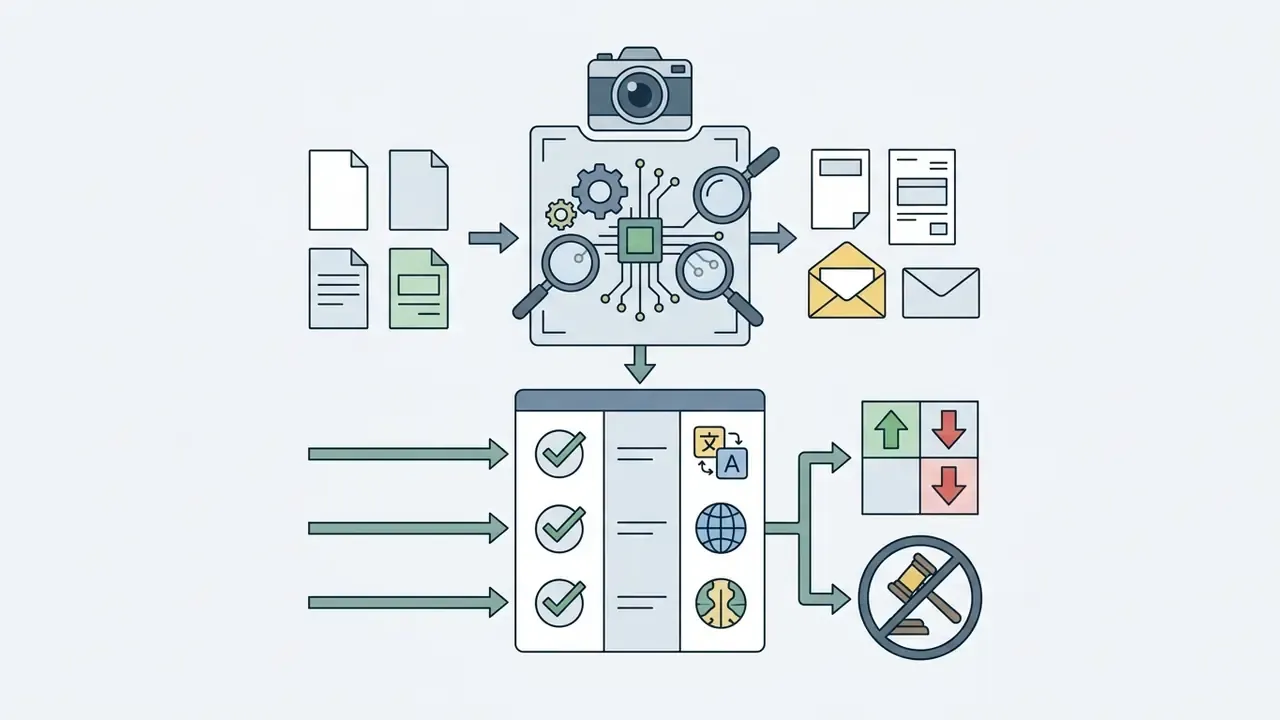 System scanning documents and mapping them to a validation checklist for language and decision boundaries