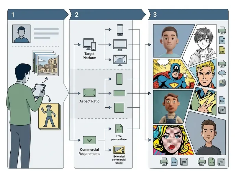 Three step guide showing user input, platform and style selection, and final stylized image output