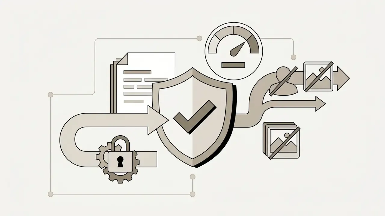 Shield icon with a checkmark protecting document and image data from unauthorized access