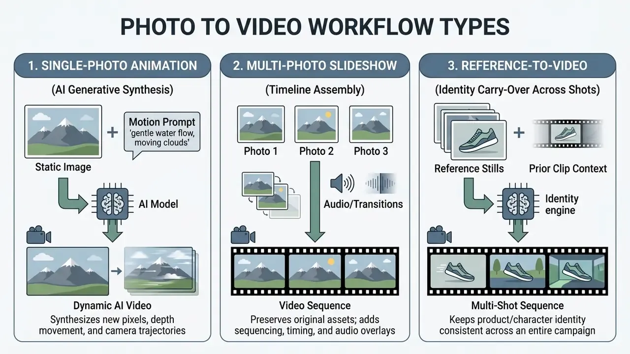 Diagram comparing three methods for creating video from images including animation and sequencing