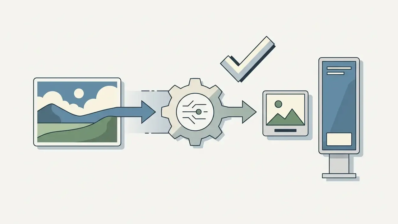 Landscape image moving through a gear icon toward a file and a tall display screen with a checkmark