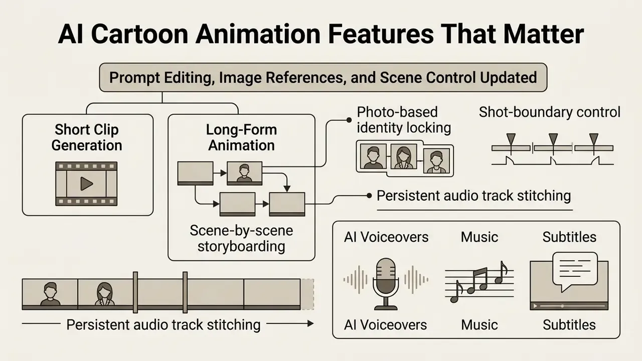 Summary chart outlining essential animation capabilities like storyboarding, identity locking, and audio