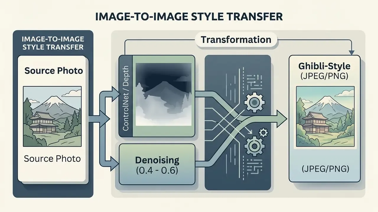Process flow diagram showing source photo input through ControlNet depth and denoising stages to output