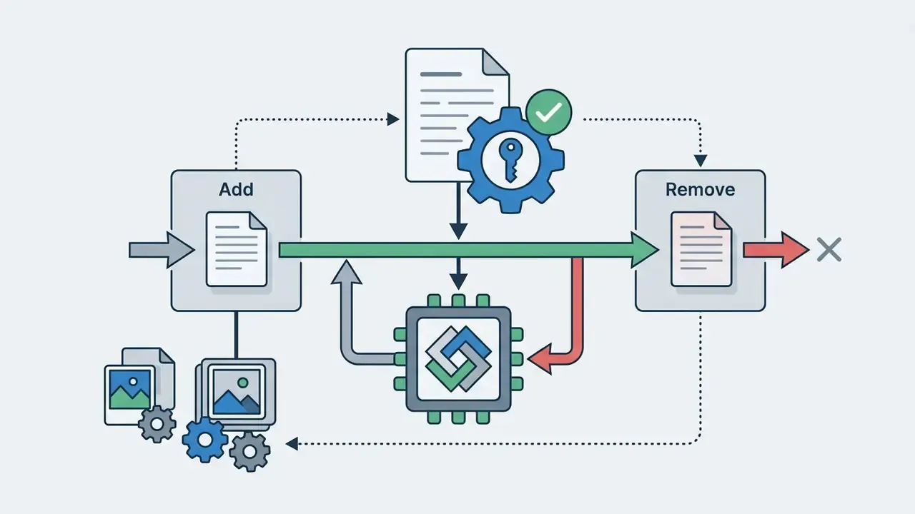 Asset provisioning and de-provisioning flows through a security gear and processor to manage access