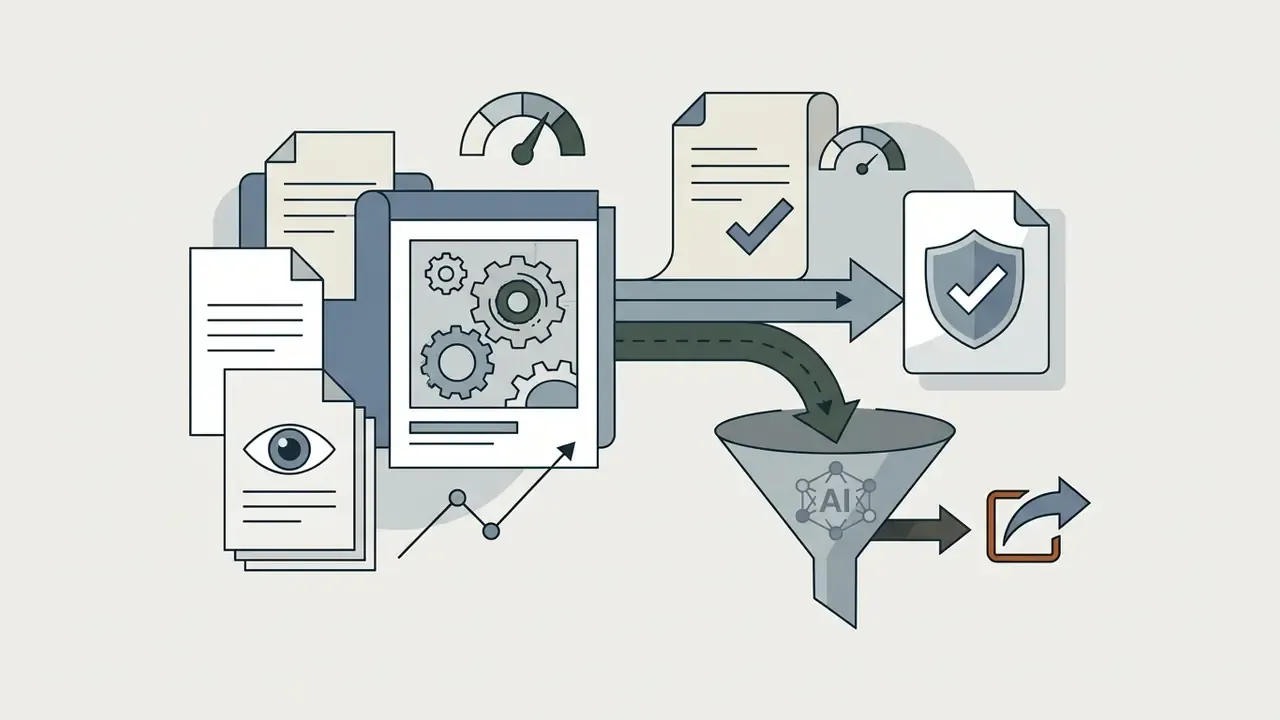 Documents and gear icons flowing into a funnel to filter AI data and manage organizational media security