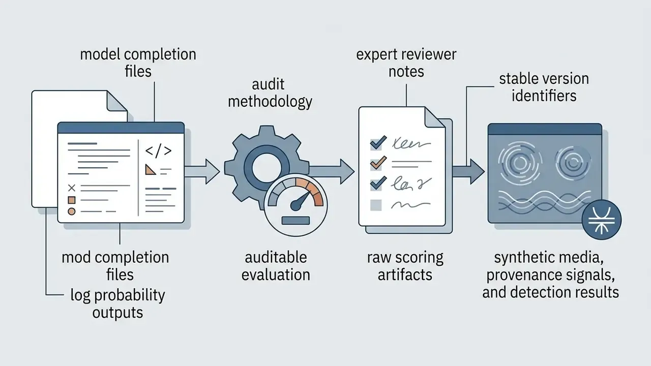 Raw output logs and expert notes feeding into a gear mechanism to generate auditable evaluation artifacts