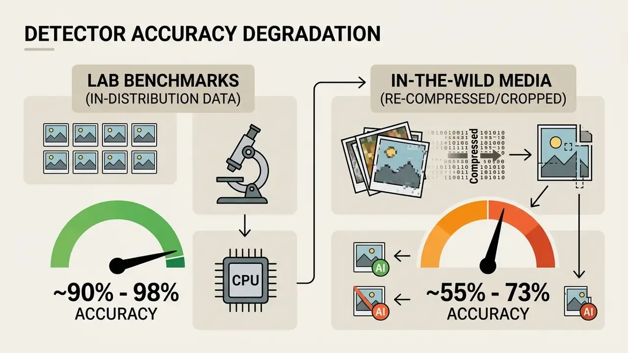 How detector accuracy drops when processing re-compressed or cropped media files