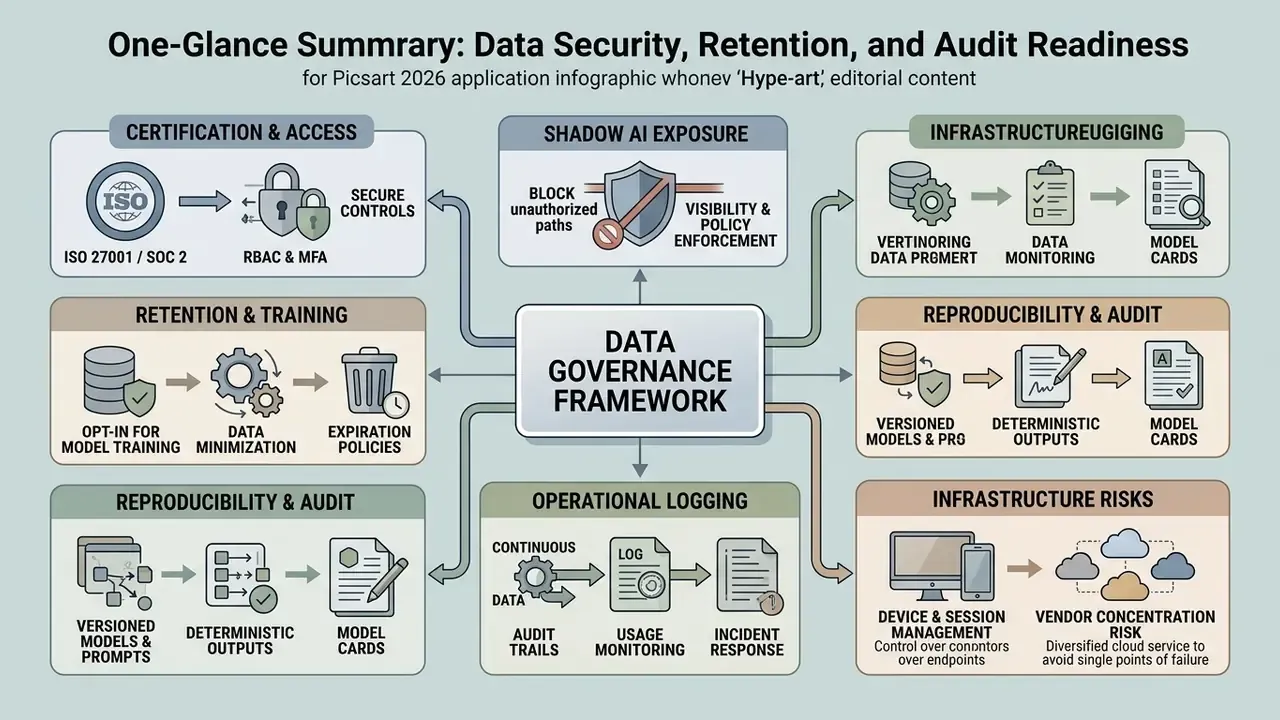 Flowchart connecting a central data governance framework to various security and audit compliance modules