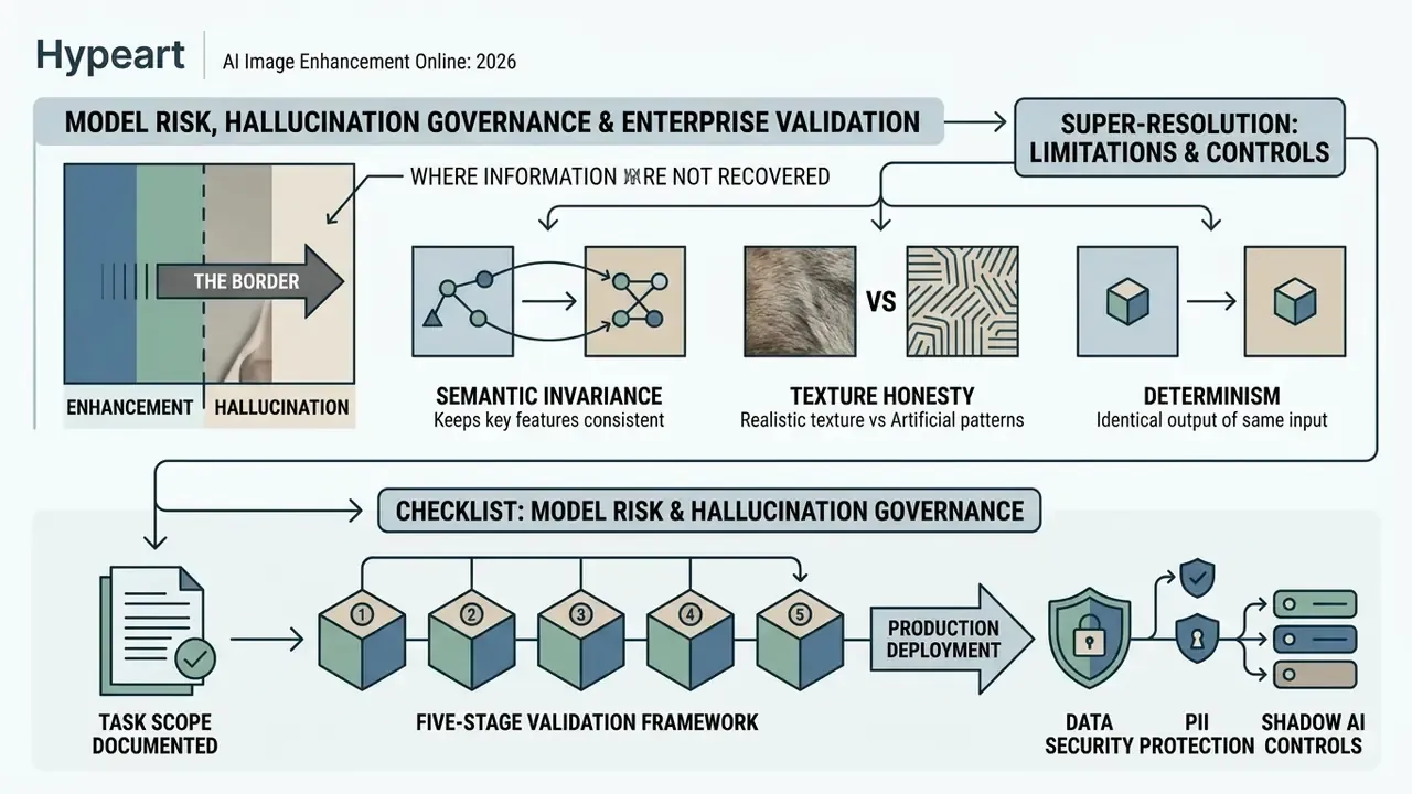 Infographic detailing super-resolution limits and a five-stage validation framework for deployment