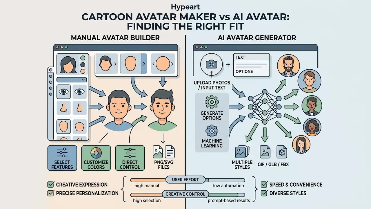 Comparison diagram contrasting manual character design tools with automated AI generation workflows