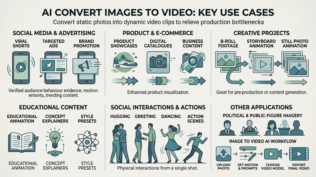 Infographic showing diverse professional and creative use cases for animating static images into videos
