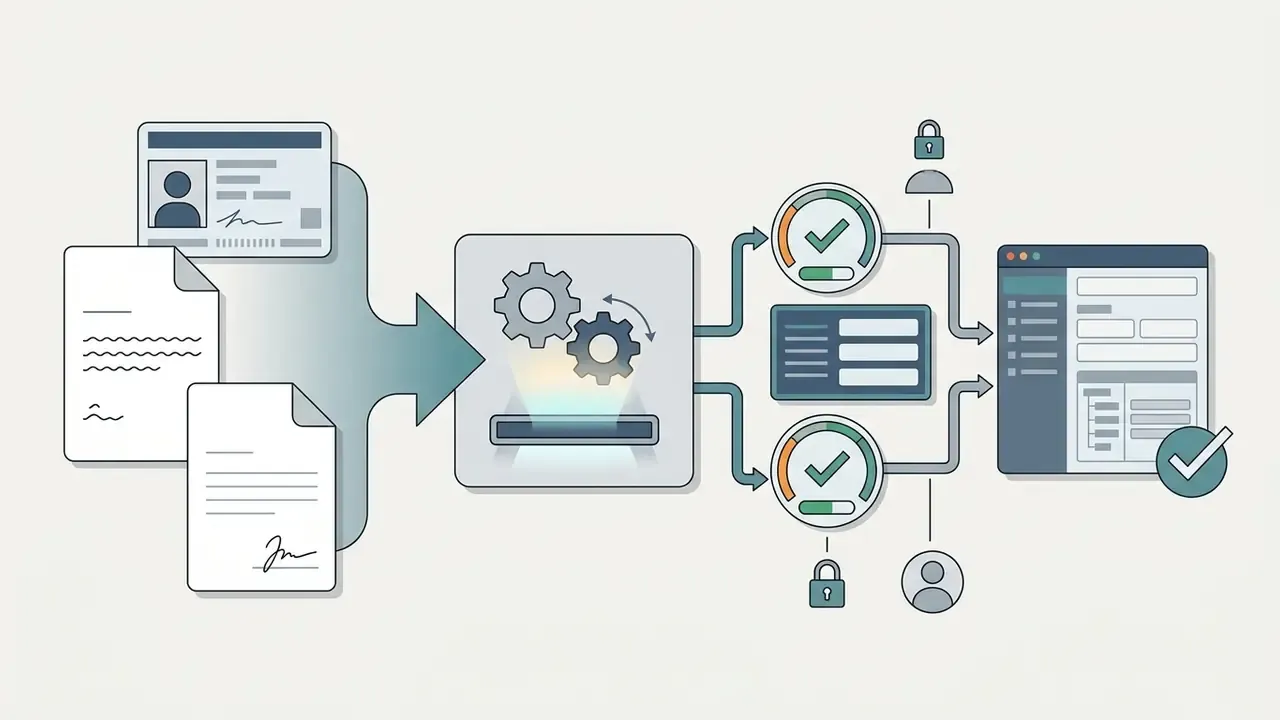 Identity cards and letters feeding into a processing hub for verification and structured data entry