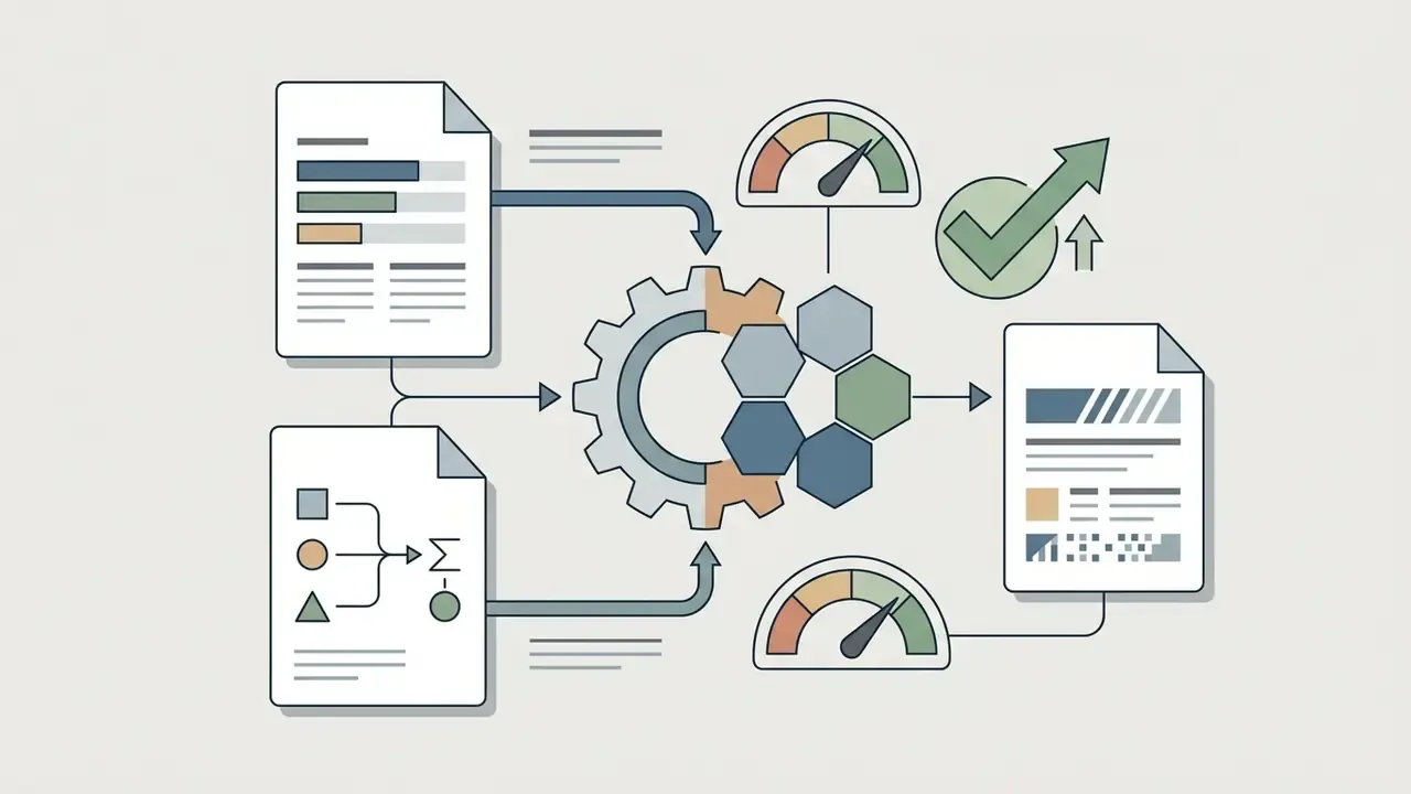 Documents and gauges feeding into a central gear mechanism to produce a finalized report