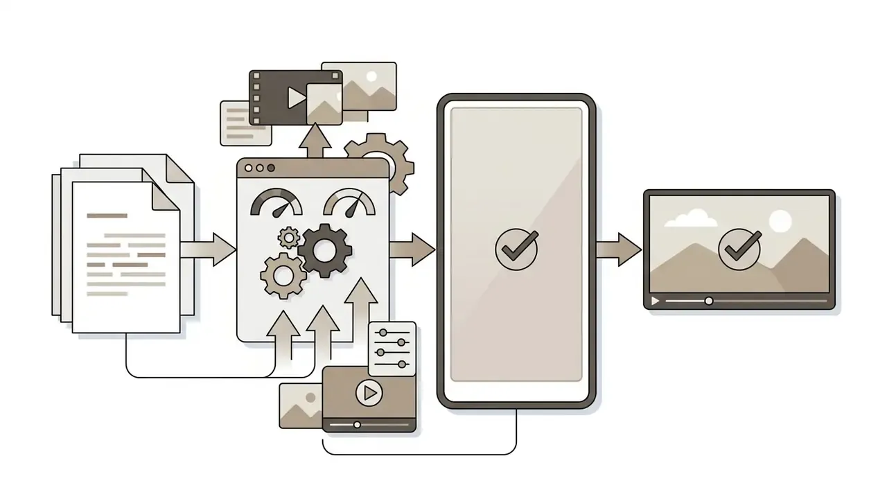 Documents and media files feeding into a processing hub that optimizes content for mobile and landscape screens