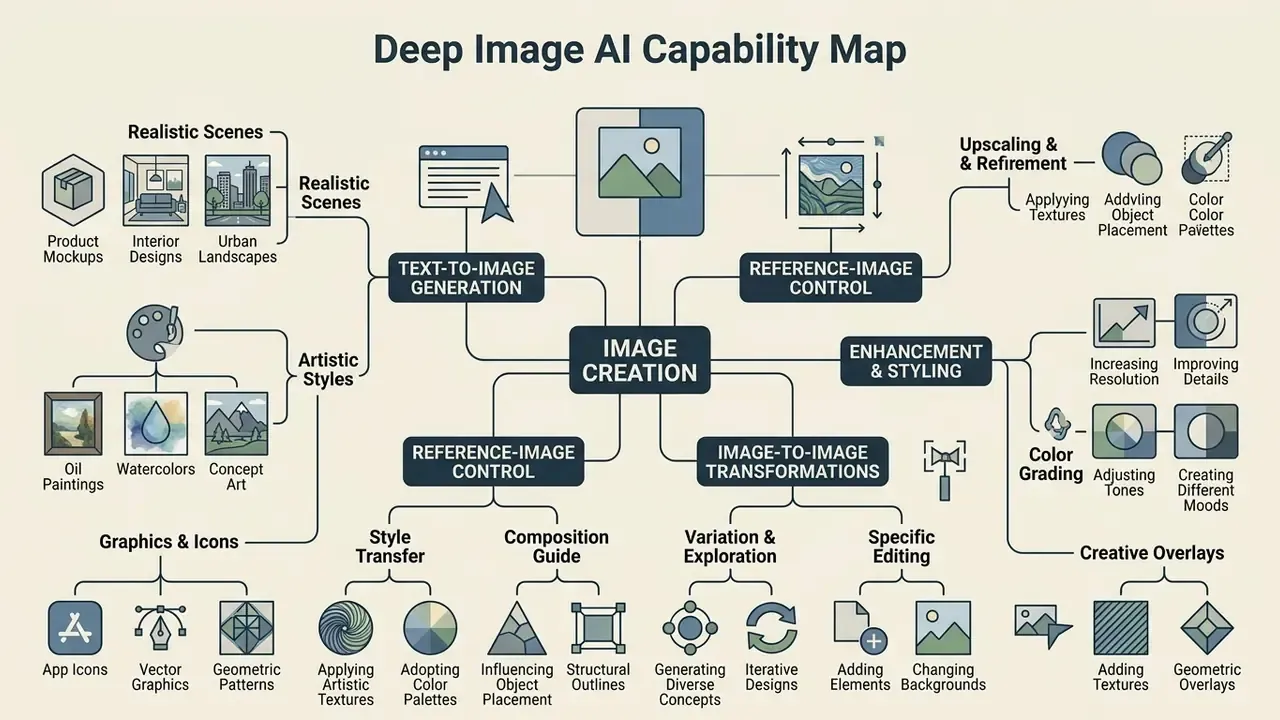 Flowchart displaying various visual generation techniques and creative editing tools for digital design