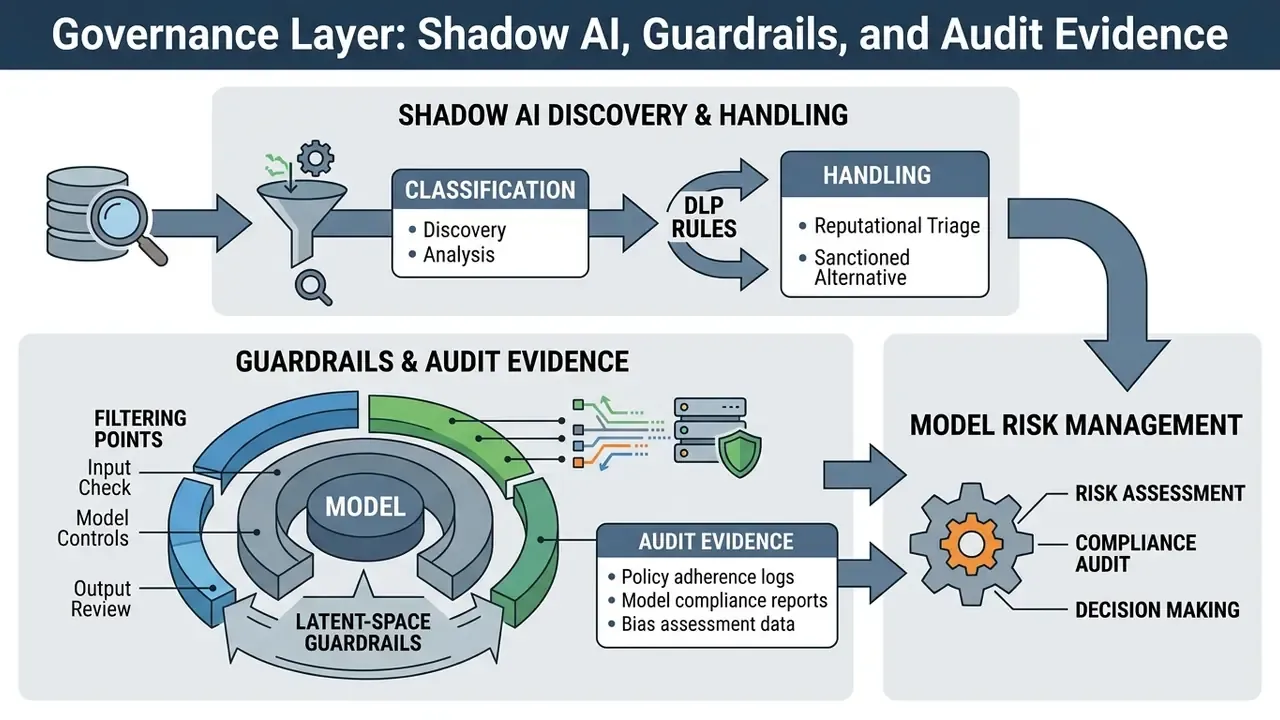 Diagram showing the workflow from Shadow AI discovery and DLP handling to latent-space guardrails and audit logs