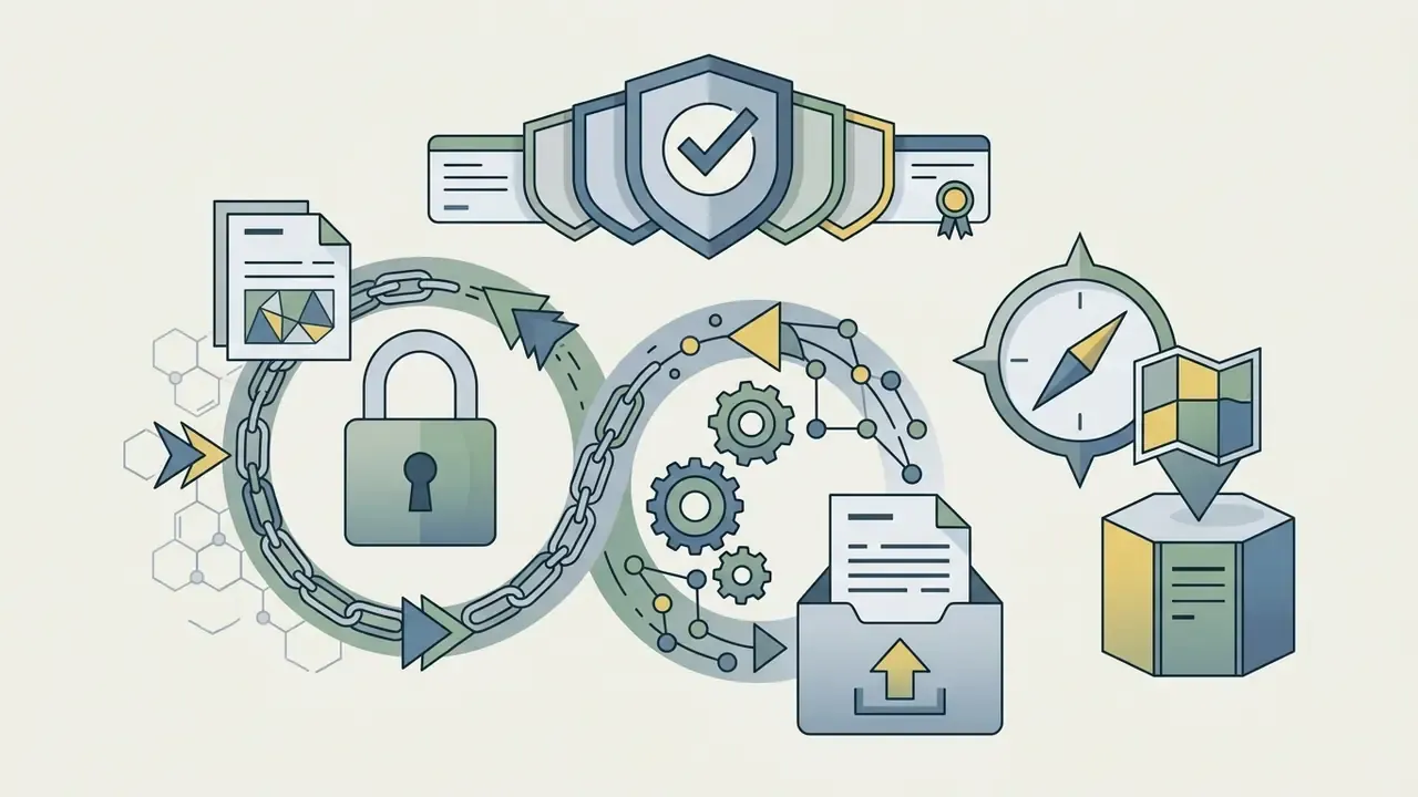Shields with checkmarks above a chain loop containing a padlock, gears, and a document upload icon
