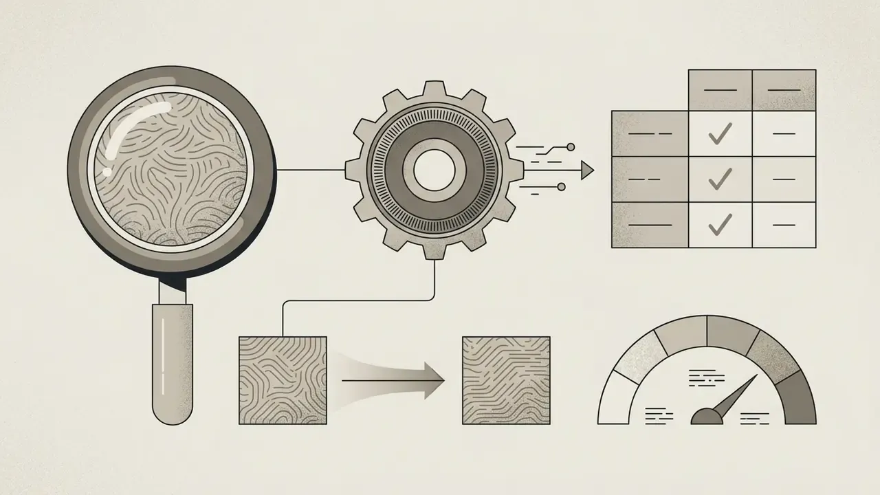 Magnifying glass examining texture patterns connected to a gear mechanism, data table, and gauge indicator