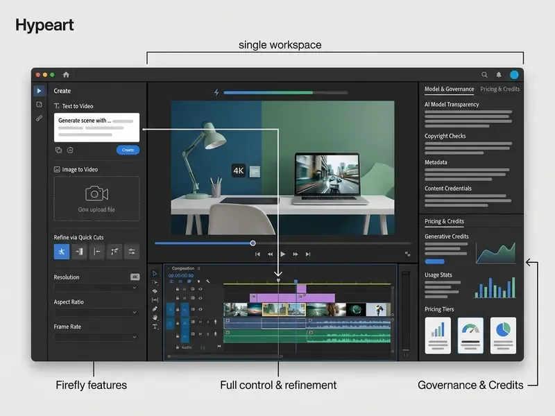 Annotated interface showing prompt fields, video preview, timeline editing, and governance panels