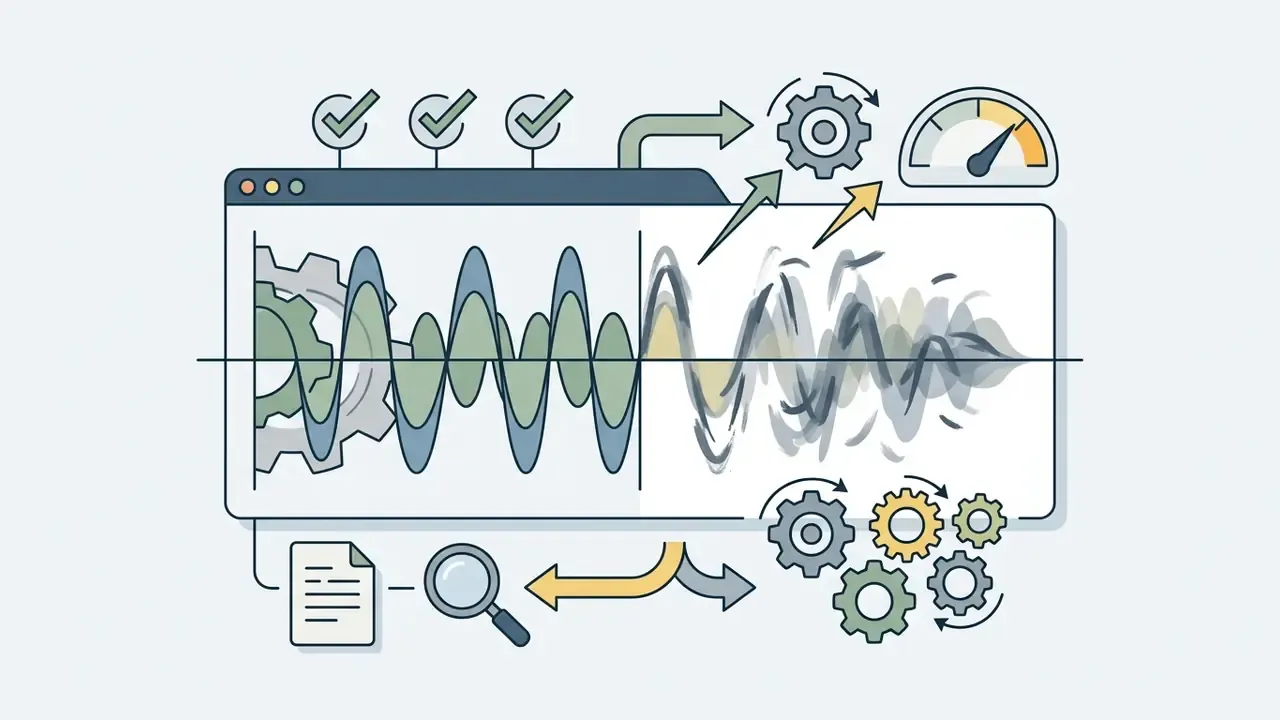 Spectral waveform analysis showing stable waves transitioning into distorted patterns with gears and gauges