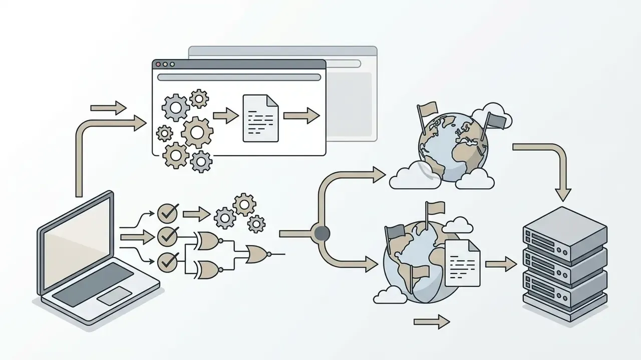 Diagram showing data flow from a laptop to either local browser processing or remote global servers