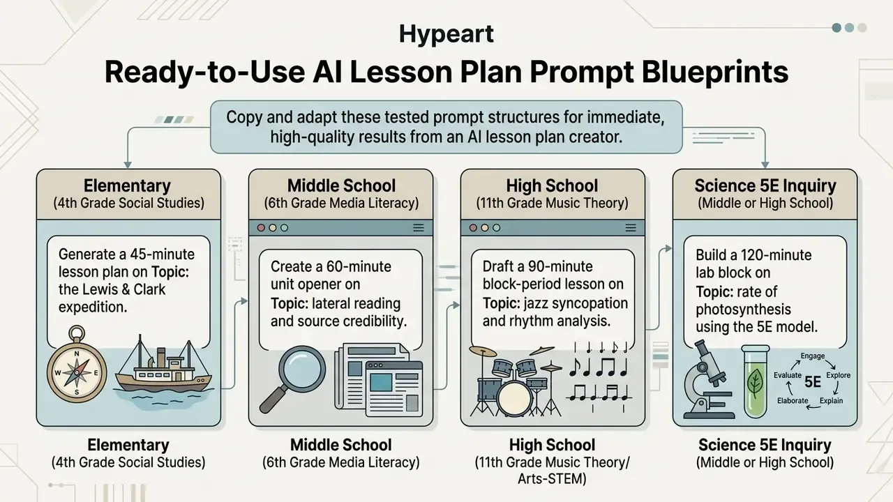 Four cards showing specific prompt structures for elementary, middle, high school, and science lessons