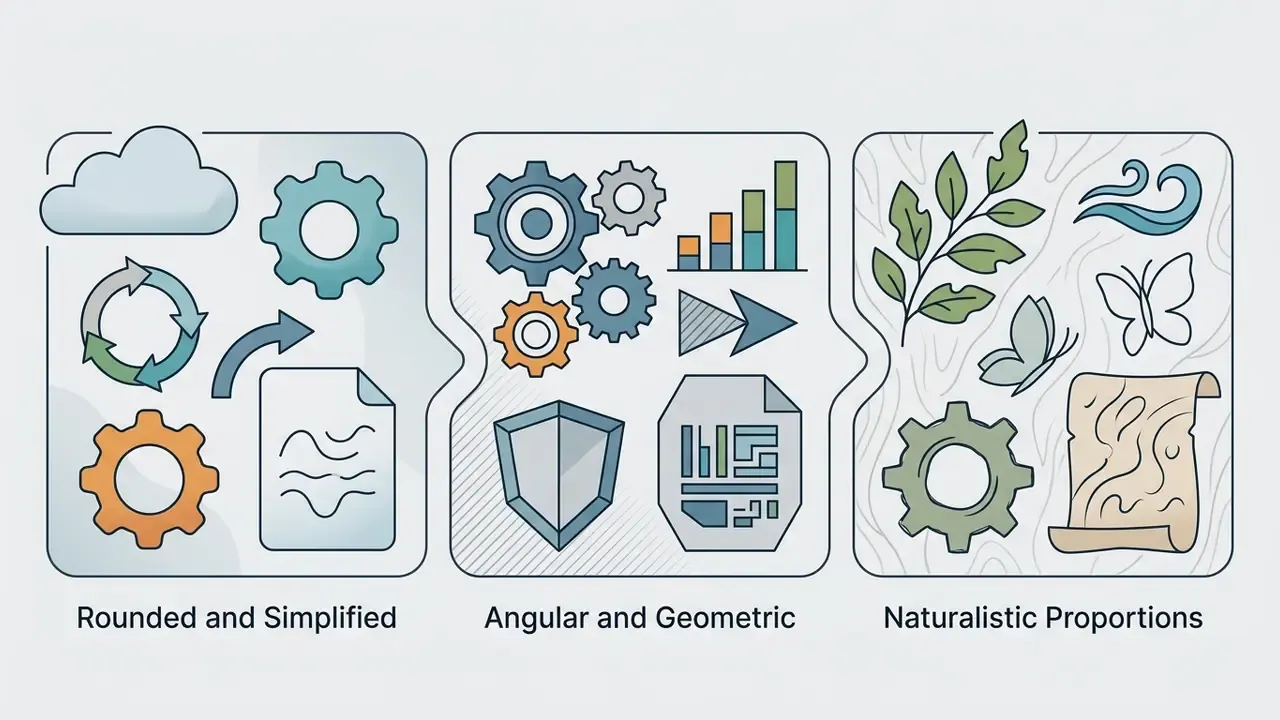 Three panels featuring icons for rounded, geometric, and naturalistic design styles with gears and documents