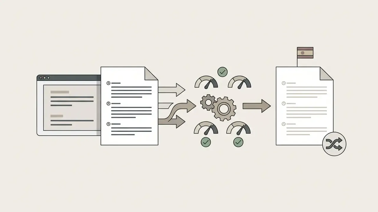 Transcript document moving through a gear and gauge process to become a translated text document