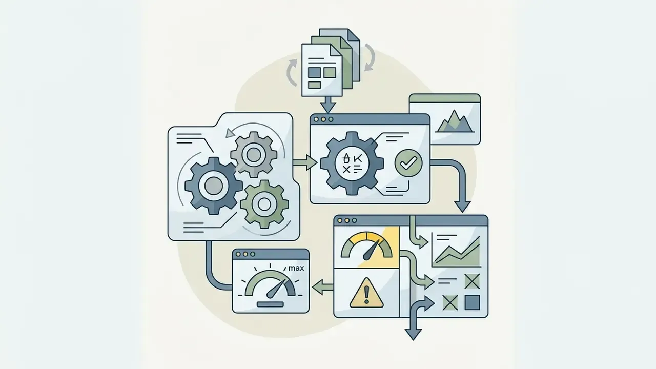 Gears and windows connecting document files to performance gauges and warning icons for Sora AI evaluation