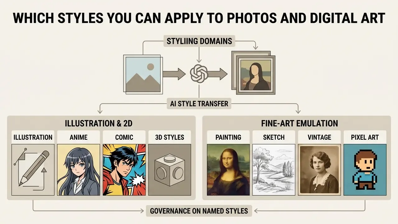 Diagram categorizing artistic domains into 2D illustrations and fine-art emulation for neural style transfer